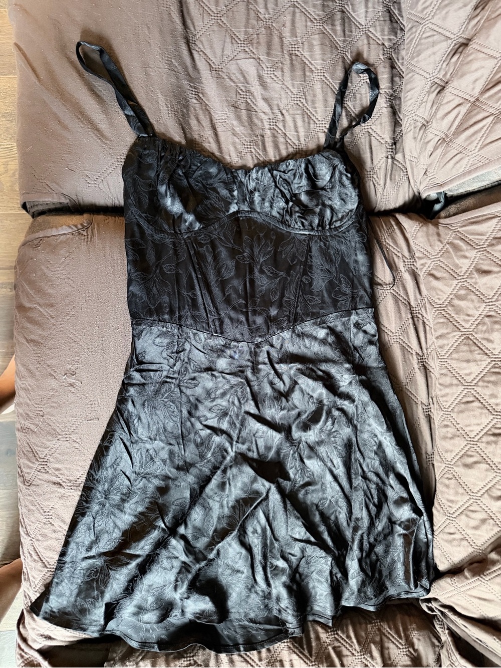 Black Floral Satin Slip Dress - Women's